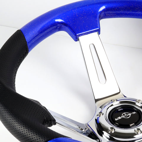 W-Power 13.5" Pearl Blue Wood Grip 6-Hole Chrome 3-Spoke Racing Steering Wheel