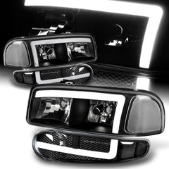 For 2001-2007 GMC Sierra 1500 Denali DRL LED Black Clear Headlights + Bumper  4PCS