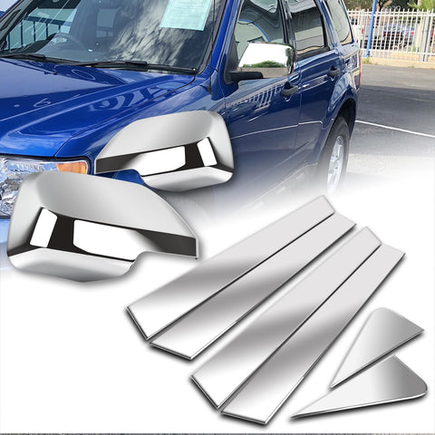 For 2008-2012 Ford Escape Chrome ABS Plastic Side Mirror Cover LH+RH 2-Pcs + For 2008-2012 Ford Escape Stainless Polish Mirror Chrome Door Pillar Trim 6PCS