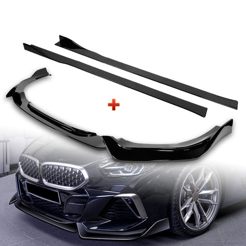 For 2019-2022 BMW Z4 G29 M-Sport Painted Black Front Bumper Body Kit Spoiler Lip + 86" x 4" Universal Painted Black Side Skirt Extension Rocker Splitters Lip 9pcs
