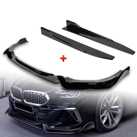 For 2019-2022 BMW Z4 G29 M-Sport Painted Black Front Bumper Body Kit Spoiler Lip + 31"x4" Universal Painted Black Side Skirt Rocker Splitters Diffuser Winglet Wind  5pcs