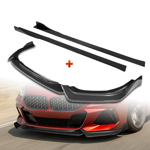 For 2019-2022 BMW Z4 G29 M-Sport Carbon Look Front Bumper Body Kit Spoiler Lip + 86" x 4" Universal Carbon Look Side Skirt Extension Rocker Splitters Lip 9pcs