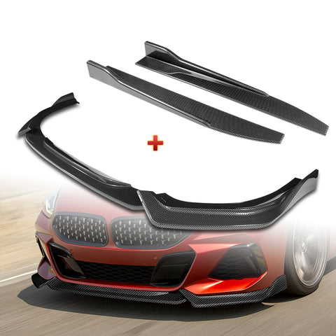 For 2019-2022 BMW Z4 G29 M-Sport Carbon Look Front Bumper Body Kit Spoiler Lip + 31"x4" Universal Carbon Style Side Skirt Rocker Splitters Diffuser Winglet Wind  5pcs