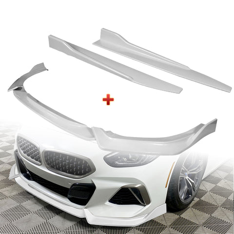 For 2019-2022 BMW Z4 G29 M-Sport Painted White Front Bumper Body Kit Spoiler Lip + 31"x4" Universal Painted White Side Skirt Rocker Splitters Diffuser Winglet Wind  5pcs