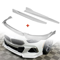 For 2019-2022 BMW Z4 G29 M-Sport Painted White Front Bumper Body Kit Spoiler Lip + 31"x4" Universal Painted White Side Skirt Rocker Splitters Diffuser Winglet Wind  5pcs