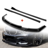 For 2016-2020 BMW M2 F87 RA-Style Painted BLK Front Bumper Spoiler Splitter Lip + 86" x 4" Universal Painted Black Side Skirt Extension Rocker Splitters Lip 9pcs