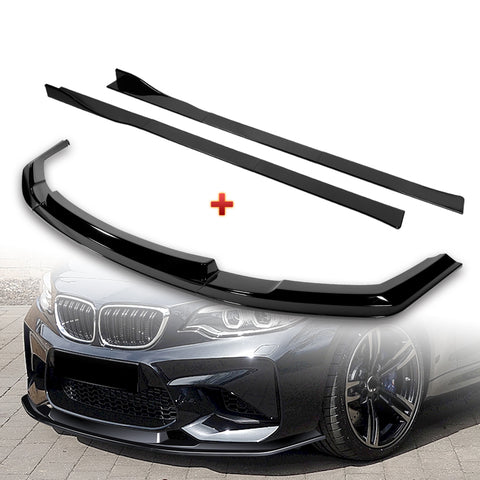 For 2016-2020 BMW M2 F87 RA-Style Painted BLK Front Bumper Spoiler Splitter Lip + 86" x 4" Universal Painted Black Side Skirt Extension Rocker Splitters Lip 9pcs