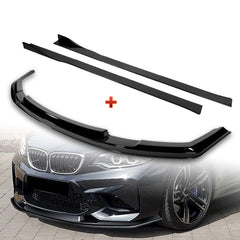 For 2016-2020 BMW M2 F87 RA-Style Painted BLK Front Bumper Spoiler Splitter Lip + 86" x 4" Universal Painted Black Side Skirt Extension Rocker Splitters Lip 9pcs