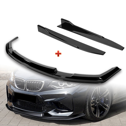 For 2016-2020 BMW M2 F87 RA-Style Painted BLK Front Bumper Spoiler Splitter Lip + 31"x4" Universal Painted Black Side Skirt Rocker Splitters Diffuser Winglet Wind  5pcs
