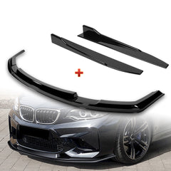 For 2016-2020 BMW M2 F87 RA-Style Painted BLK Front Bumper Spoiler Splitter Lip + 31"x4" Universal Painted Black Side Skirt Rocker Splitters Diffuser Winglet Wind  5pcs