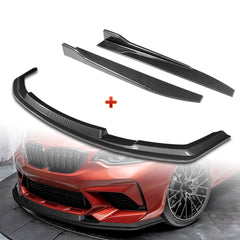 For 2016-2020 BMW M2 F87 RA-Style Carbon Look Front Bumper Spoiler Splitter Lip + 31"x4" Universal Carbon Style Side Skirt Rocker Splitters Diffuser Winglet Wind  5pcs