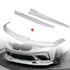 For 2016-2020 BMW M2 F87 RA-Style Painted WH Front Bumper Spoiler Splitter Lip + 31"x4" Universal Painted White Side Skirt Rocker Splitters Diffuser Winglet Wind  5pcs