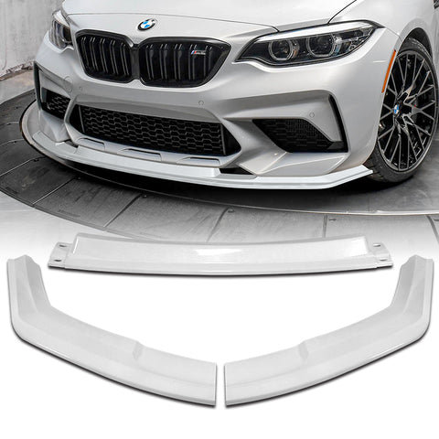 For 2016-2020 BMW M2 F87 RA-Style Painted WH Front Bumper Spoiler Splitter Lip + 31"x4" Universal Painted White Side Skirt Rocker Splitters Diffuser Winglet Wind  5pcs