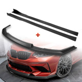 For 2016-2020 BMW M2 F87 RA-Style Matt Black Front Bumper Spoiler Splitter Lip + 86" x 4" Universal Black Side Skirt Extension Rocker Splitters Diffuser Lip 9pcs
