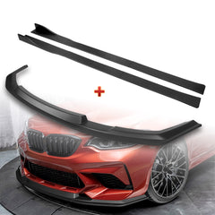 For 2016-2020 BMW M2 F87 RA-Style Matt Black Front Bumper Spoiler Splitter Lip + 86" x 4" Universal Black Side Skirt Extension Rocker Splitters Diffuser Lip 9pcs