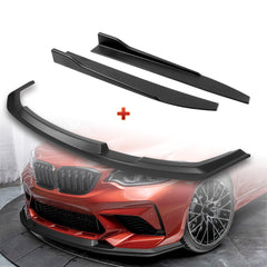 For 2016-2020 BMW M2 F87 RA-Style Matt Black Front Bumper Spoiler Splitter Lip + 31" x 4" Universal Black Car side Skirt Rocker Splitters Diffuser Winglet Wind  5pcs