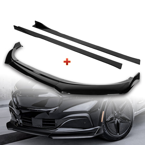 For 2021-2025 Ford Mustang Mach-E GT-Style Painted BLK Front Bumper Spoiler Lip + 86" x 4" Universal Painted Black Side Skirt Extension Rocker Splitters Lip 9pcs