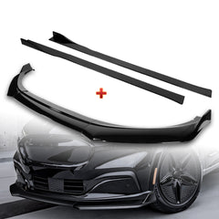 For 2021-2025 Ford Mustang Mach-E GT-Style Painted BLK Front Bumper Spoiler Lip + 86" x 4" Universal Painted Black Side Skirt Extension Rocker Splitters Lip 9pcs