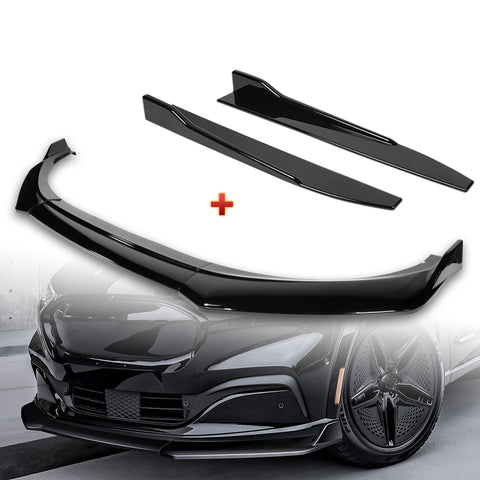 For 2021-2025 Ford Mustang Mach-E GT-Style Painted BLK Front Bumper Spoiler Lip + 31"x4" Universal Painted Black Side Skirt Rocker Splitters Diffuser Winglet Wind  5pcs