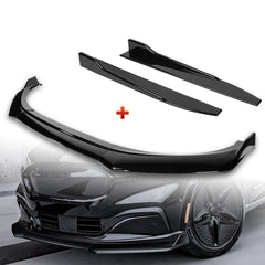 For 2021-2025 Ford Mustang Mach-E GT-Style Painted BLK Front Bumper Spoiler Lip + 31"x4" Universal Painted Black Side Skirt Rocker Splitters Diffuser Winglet Wind  5pcs