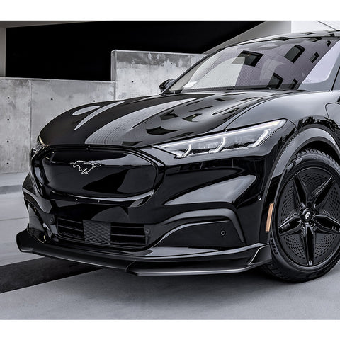 For 2021-2025 Ford Mustang Mach-E GT-Style Painted BLK Front Bumper Spoiler Lip + 86" x 4" Universal Painted Black Side Skirt Extension Rocker Splitters Lip 9pcs
