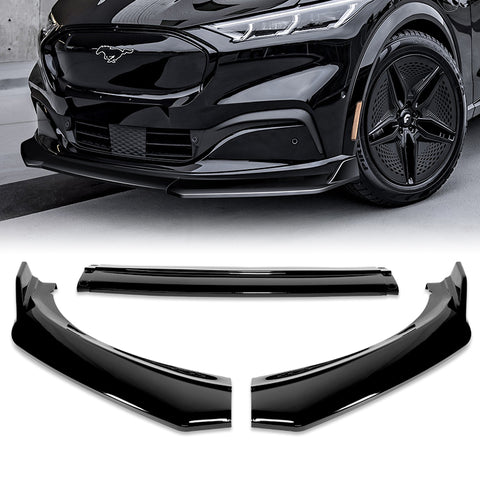 For 2021-2025 Ford Mustang Mach-E GT-Style Painted BLK Front Bumper Spoiler Lip + 86" x 4" Universal Painted Black Side Skirt Extension Rocker Splitters Lip 9pcs