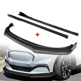 For 2021-2025 Ford Mustang Mach-E GT-Style Carbon Look Front Bumper Spoiler Lip + 86" x 4" Universal Carbon Look Side Skirt Extension Rocker Splitters Lip 9pcs