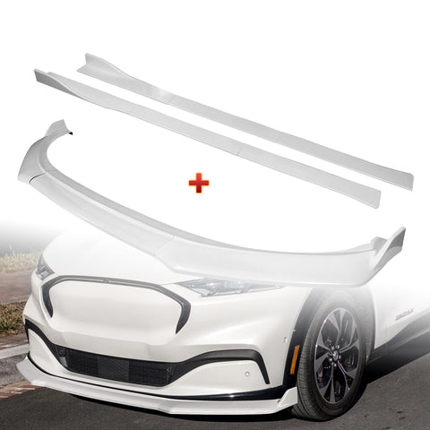 For 2021-2025 Ford Mustang Mach-E GT-Style Painted WH Front Bumper Spoiler Lip + 86" x 4" Universal Painted White Side Skirt Extension Rocker Splitters Lip 9pcs