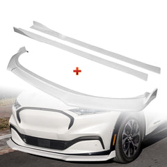 For 2021-2025 Ford Mustang Mach-E GT-Style Painted WH Front Bumper Spoiler Lip + 86" x 4" Universal Painted White Side Skirt Extension Rocker Splitters Lip 9pcs