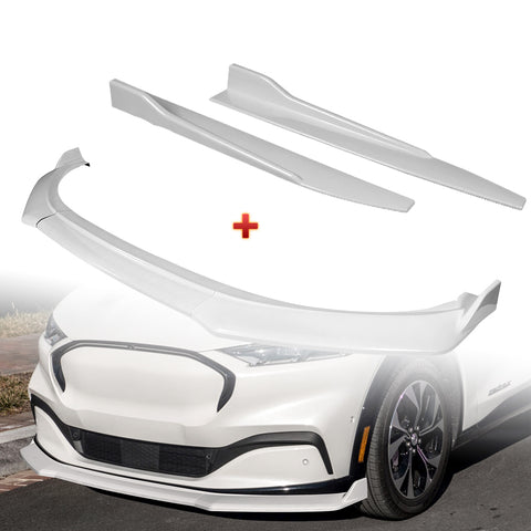 For 2021-2025 Ford Mustang Mach-E GT-Style Painted WH Front Bumper Spoiler Lip + 31"x4" Universal Painted White Side Skirt Rocker Splitters Diffuser Winglet Wind  5pcs