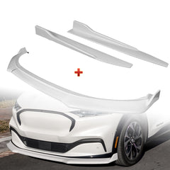 For 2021-2025 Ford Mustang Mach-E GT-Style Painted WH Front Bumper Spoiler Lip + 31"x4" Universal Painted White Side Skirt Rocker Splitters Diffuser Winglet Wind  5pcs