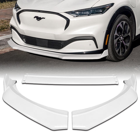 For 2021-2025 Ford Mustang Mach-E GT-Style Painted WH Front Bumper Spoiler Lip + 86" x 4" Universal Painted White Side Skirt Extension Rocker Splitters Lip 9pcs