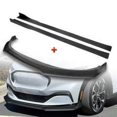For 2021-2025 Ford Mustang Mach-E GT-Style Matt Black Front Bumper Spoiler Lip + 86" x 4" Universal Black Side Skirt Extension Rocker Splitters Diffuser Lip 9pcs