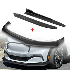 For 2021-2025 Ford Mustang Mach-E GT-Style Matt Black Front Bumper Spoiler Lip + 31" x 4" Universal Black Car side Skirt Rocker Splitters Diffuser Winglet Wind  5pcs