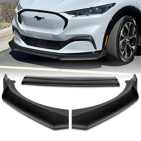 For 2021-2025 Ford Mustang Mach-E GT-Style Matt Black Front Bumper Spoiler Lip + 31" x 4" Universal Black Car side Skirt Rocker Splitters Diffuser Winglet Wind  5pcs