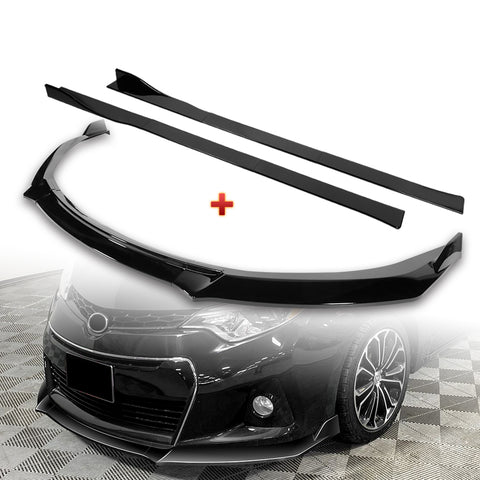 For 2014-2016 Toyota Corolla S GT-Style Painted Black Front Bumper Spoiler Lip + 86" x 4" Universal Painted Black Side Skirt Extension Rocker Splitters Lip 9pcs