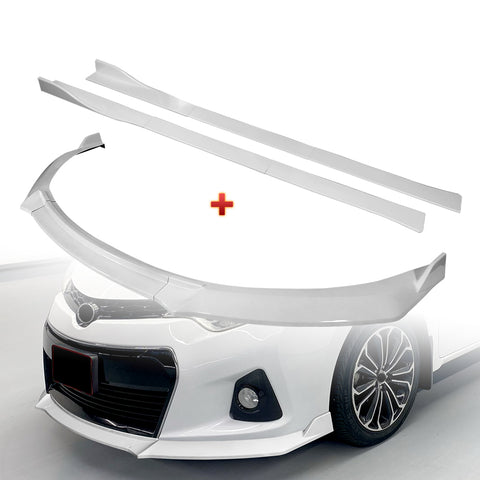 For 2014-2016 Toyota Corolla S GT-Style Painted White Front Bumper Spoiler Lip + 86" x 4" Universal Painted White Side Skirt Extension Rocker Splitters Lip 9pcs