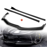 For 2020-2025 Chevy Corvette C8 5VM-Style Painted Black Front Bumper Spoiler Lip + 86" x 4" Universal Painted Black Side Skirt Extension Rocker Splitters Lip 9pcs