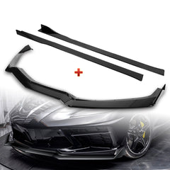 For 2020-2025 Chevy Corvette C8 5VM-Style Painted Black Front Bumper Spoiler Lip + 86" x 4" Universal Painted Black Side Skirt Extension Rocker Splitters Lip 9pcs