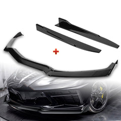 For 2020-2025 Chevy Corvette C8 5VM-Style Painted Black Front Bumper Spoiler Lip + 31"x4" Universal Painted Black Side Skirt Rocker Splitters Diffuser Winglet Wind  5pcs