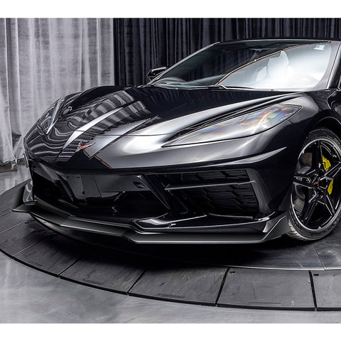 For 2020-2025 Chevy Corvette C8 5VM-Style Painted Black Front Bumper Spoiler Lip + 86" x 4" Universal Painted Black Side Skirt Extension Rocker Splitters Lip 9pcs