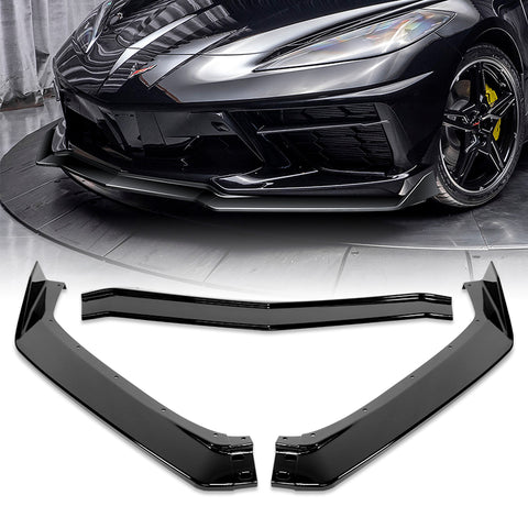 For 2020-2025 Chevy Corvette C8 5VM-Style Painted Black Front Bumper Spoiler Lip + 86" x 4" Universal Painted Black Side Skirt Extension Rocker Splitters Lip 9pcs