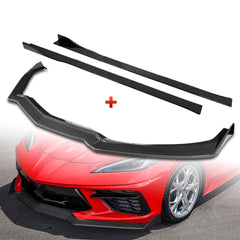 For 2020-2025 Chevy Corvette C8 5VM-Style Carbon Look Front Bumper Spoiler Lip + 86" x 4" Universal Carbon Look Side Skirt Extension Rocker Splitters Lip 9pcs