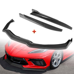 For 2020-2025 Chevy Corvette C8 5VM-Style Carbon Look Front Bumper Spoiler Lip + 31"x4" Universal Carbon Style Side Skirt Rocker Splitters Diffuser Winglet Wind  5pcs