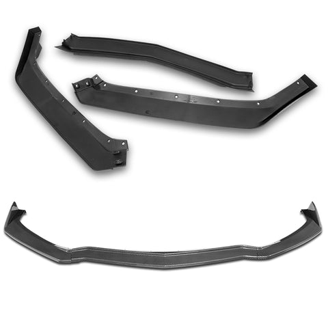For 2020-2025 Chevy Corvette C8 5VM-Style Carbon Look Front Bumper Spoiler Lip + 86" x 4" Universal Carbon Look Side Skirt Extension Rocker Splitters Lip 9pcs