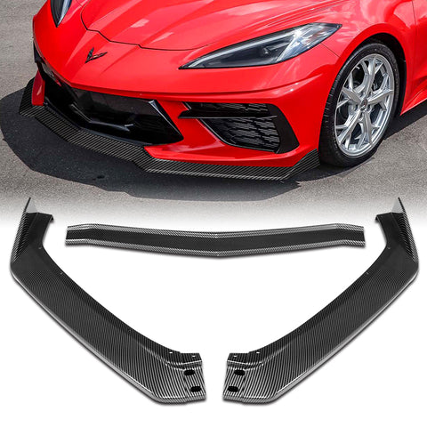 For 2020-2025 Chevy Corvette C8 5VM-Style Carbon Look Front Bumper Spoiler Lip + 86" x 4" Universal Carbon Look Side Skirt Extension Rocker Splitters Lip 9pcs