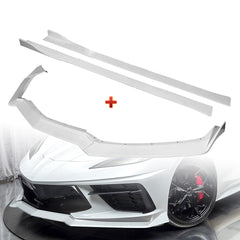 For 2020-2025 Chevy Corvette C8 5VM-Style Painted White Front Bumper Spoiler Lip + 86" x 4" Universal Painted White Side Skirt Extension Rocker Splitters Lip 9pcs