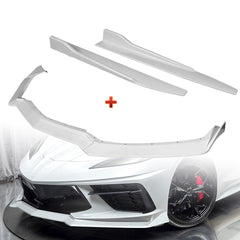 For 2020-2025 Chevy Corvette C8 5VM-Style Painted White Front Bumper Spoiler Lip + 31"x4" Universal Painted White Side Skirt Rocker Splitters Diffuser Winglet Wind  5pcs