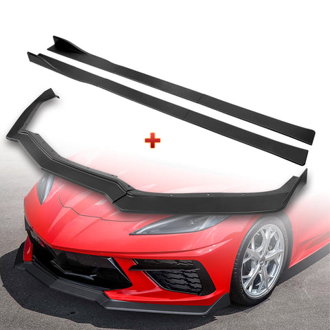 For 2020-2025 Chevy Corvette C8 5VM-Style Matt Black Front Bumper Spoiler Lip + 86" x 4" Universal Black Side Skirt Extension Rocker Splitters Diffuser Lip 9pcs