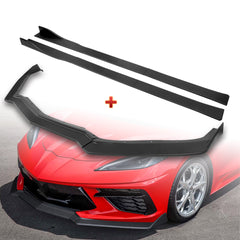 For 2020-2025 Chevy Corvette C8 5VM-Style Matt Black Front Bumper Spoiler Lip + 86" x 4" Universal Black Side Skirt Extension Rocker Splitters Diffuser Lip 9pcs